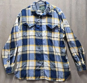 Woolrich Mens Size Large Flannel Shirt Blue Yellow White Plaid Overshirt - Picture 1 of 7