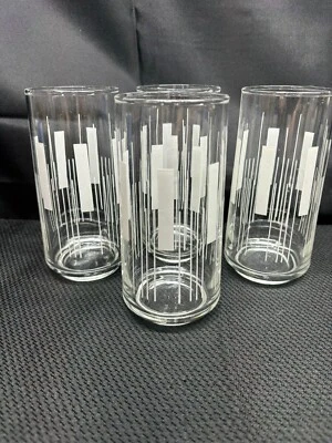 Set of 4 ~ MCM Tapered Glass Tumblers / White Rectangles / 6" Tall - Image 1 of 4