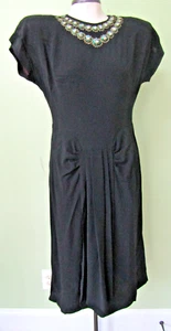 VINTAGE 50'S BLACK CREPE DRESS W/ SEQUIN NECKLINE DETAILS / 36" BUST - Picture 1 of 8
