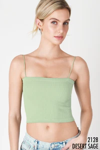 New Desert Sage Green Skinny Strap Ribbed and Stretchy Crop Cami Top One Size - Picture 1 of 1