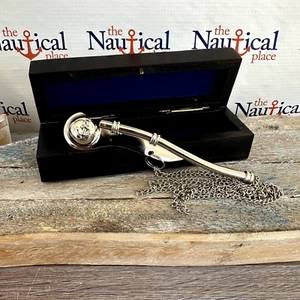 Brass Bosun Call Pipe w Chain & Wood Box - Silver Boatswain Whistle Necklace - Picture 1 of 9
