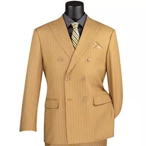 VINCI Men's Beige Pinstripe Double-Breasted 6-Button Classic Fit Suit - NEW - Picture 1 of 3