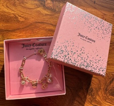 Juicy Couture Pearl Heart Crown Rhinestones Charms Gold Tone Adjustable Bracelet - Image 1 of 4