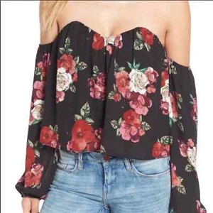 4SI3NNA Off the Shoulder Black Floral Crop Top Sz S - Picture 1 of 7