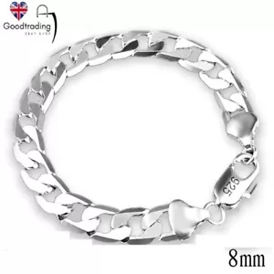 925 Sterling Silver Mens Bracelet Sideways Curb Link Bracelets 8mm Width - Picture 1 of 10