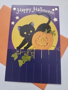 Happy Halloween Card Jack o Lantern Black Cat  Yellow Moon Stars Purple  - Picture 1 of 5