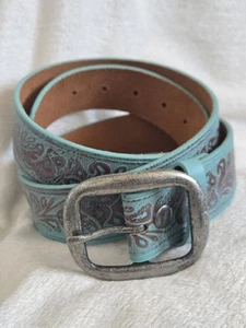 Ladies Blue Green Brown Floral Embossed Leather Belt Size L Distress Buckle - Picture 1 of 11