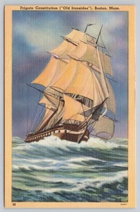 Vintage Leinen Postkarte Fregatte Verfassung Old Ironsides Boston MA - Bild 1 von 2