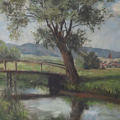 Flusslandschaft Dorf Margarete End Monogramm gerahmt Öl Leinwand Anfang 20 Jhd - Bild 1 von 4