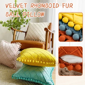 Soft Velvet Cushion Cover Lattice Tassel Pom Poms Throw Pillow Case Sofa Decor - Picture 1 of 25