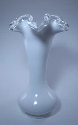 Vintage Double Crimped Silver Crest Milk Glass Bulb Vase - Image 1 of 4