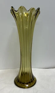 Vintage Carnival Glass Ribbed Swung Stretch Vase avocado green 10 1/2 inches - Picture 1 of 3
