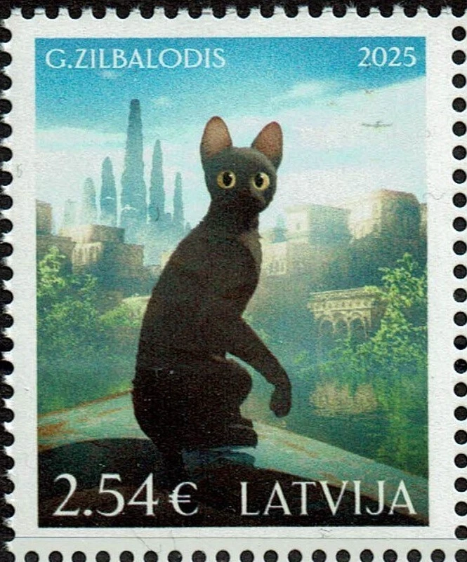 Sello de LETONIA 2025 - Película de animación "Flow" - Gato ganador del Oscar Foto 1 de 1