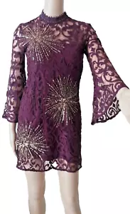 Free People Womens Mini Dress Sz 0 lace Sequins Bell Long Sleeve Burgundy - Picture 1 of 12