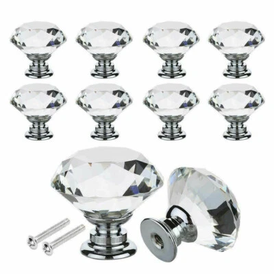 8X 40MM Crystal Diamond Door Knobs Transparent Glass Clear Cabinet Drawer Handle - Image 1 of 4
