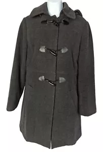 Nautica Charcoal Gray Hooded long Pea Coat Wool Blend Zip & Toggle Button up L - Picture 1 of 12