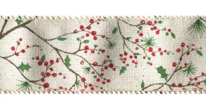 Holly Berry Branches Ivory Solid Wired Ribbon 25 yards NEW christmas holiday - Image 1 of 1