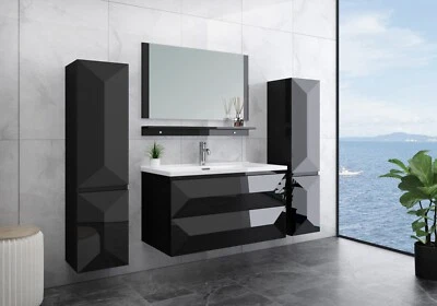 Badmöbel Set montiert Miran Schwarz Hochglanz Badezimmermöbel Bad Unterschrank - Bild 1 von 4
