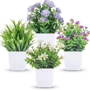 Der Rose 4 Packs Small Fake Plants Mini Artificial Faux Plants with Flowers - Picture 1 of 2