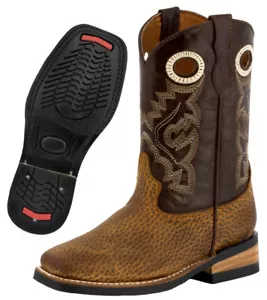 Kids Western Cowboy Boots Classic Pull On Square Toe Rust Brown Leather Botas - Picture 1 of 5