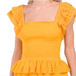 House of Harlow 1960 top manica svolazzante peplo occhiello fumè senape taglia XL NUOVO - Foto 1 di 9
