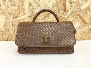 BOTTEGA VENETA Intrecciato Turn Lock Brown Leather Vintage Handbag From Japan !! - Picture 1 of 10