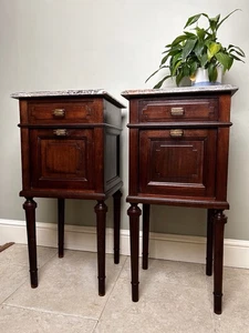 Louis XV Style French Mahogany Marble Top Bedside Tables Cupboards Cabinets - Picture 1 of 19
