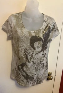 Mudd Junior Size Large Graphic Tan/White Scoop Neck T-Shirt Abstract metallic  - Picture 1 of 5