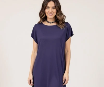 EILEEN FISHER LONG LINE TUNIC S CAP SLEEVE BOAT VISCOSE BLD INK BLUE MINIMALIST - Image 1 of 4