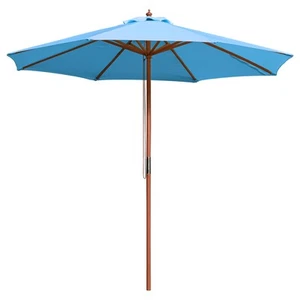 9' Outdoor Patio Umbrella Wood Pole w/ Pulley Market Cafe Garden Yard Beach Pool - Picture 1 of 9