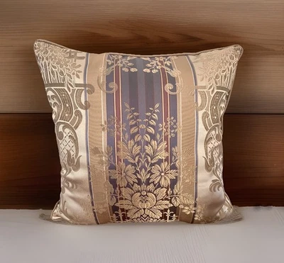 Croscill Traditions Pillow Gold, Blue Floral Striped Square Accent Jacquard 18” - Image 1 of 4
