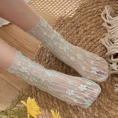 Mujeres Calcetines Transparentes Floral Encaje Malla Transpirable Verano Delgado Medio Tubo Medias Medias Foto 1 de 4