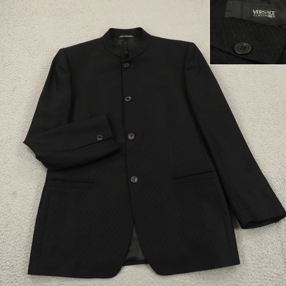 Versace Classic V2 Mandarin Collar Blazer 40R Black Wool Jacquard Designer Coat - Image 1 of 4