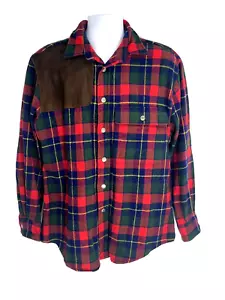 Vtg Chaps Ralph Lauren Mens Plaid Wool Shirt Large Leather Elbow Patches Button - Picture 1 of 15