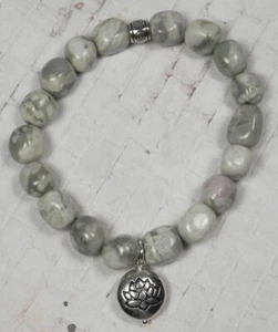 Harmony Jasper Nugget Silver Lotus Charm Stretch Bracelet Handmade 7.5" New - Picture 1 of 4