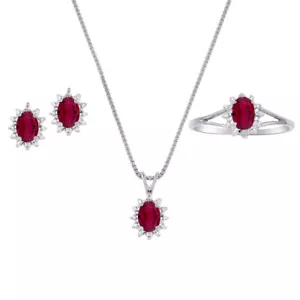 Rylos 925 Silver Jewelry Set Ruby & Diamond 6X4MM Gemstone July Birthstone - Picture 1 of 5