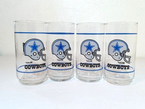 NFL Vintage Dallas Cowboys 14 OZ. DRINKING GLASS Mobil Oil SET OF 4 Glasses Cover