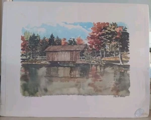 Paul N. Norton Old Covered Bridge Landscape Off Set Lithograph Print 29" - Picture 1 of 10