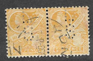 PAIR USED 6d YELLOW STAMP 1902 - 03 NEW SOUTH WALES PERFIN LS (VERTICAL) - Picture 1 of 2