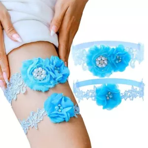 Wedding Leg Garter Belt Set Lace Floral Garters Pearls Blue Leg Accessories f... - Picture 1 of 7