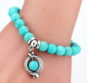 Turquoise Beaded Charm Bracelet - Women's Silver Plated Vintage Style Bracelets - Picture 1 of 15