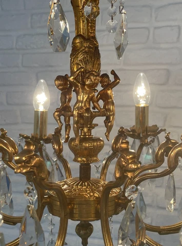 Antique Vintage 8 Arms  Cast Brass & Crystals Cherub  Chandelier Lighting Lamp Cover