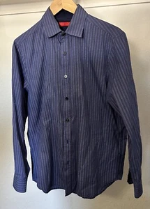 Report Collection Medium Blue and Gray 100% Cotton Button Long Sleeve Shirt Mens - Picture 1 of 11