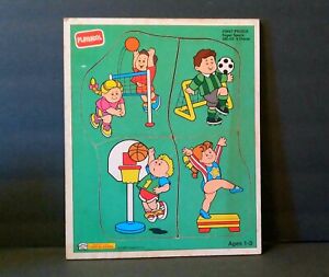 Vintage 1992 PLAYSKOOL  Wooden First Puzzle SUPER SPORTS, 4-pcs, Ages 1-3