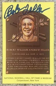 BOB FELLER SIGNED YELLOW BASEBALL HALL OF FAME PLAQUE POSTCARD AUTOGRAPH - Picture 1 of 2