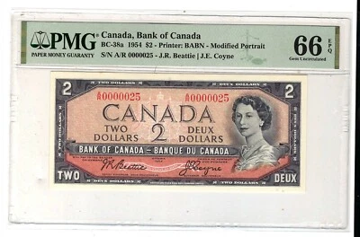 CANADA $2 Dollars 1954, BC-38a PMG 66 EPQ Low # A/R 0000025 Change over - Image 1 of 2