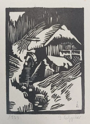 Wassermühle im Winter - J. Salzgeber - signierter Holzschnitt - Jahreszeit 1939 - Bild 1 von 3