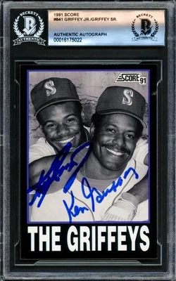 Ken Griffey Jr. & Sr. Tarjeta de puntuación firmada 1991 841 Seattle Mariners Beckett Foto 1 de 2