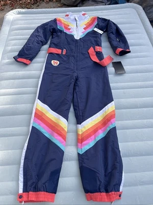 Vintage-Style One-Piece Ski Suit Retro Rainbow Chevron Navy/White Women's Size L - Image 1 of 4