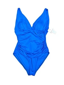 Liz Claiborne Turquoise Ruched Tummy Con Pad Push Up Sexy VNeck Swimsuit Sz 16 - Picture 1 of 8